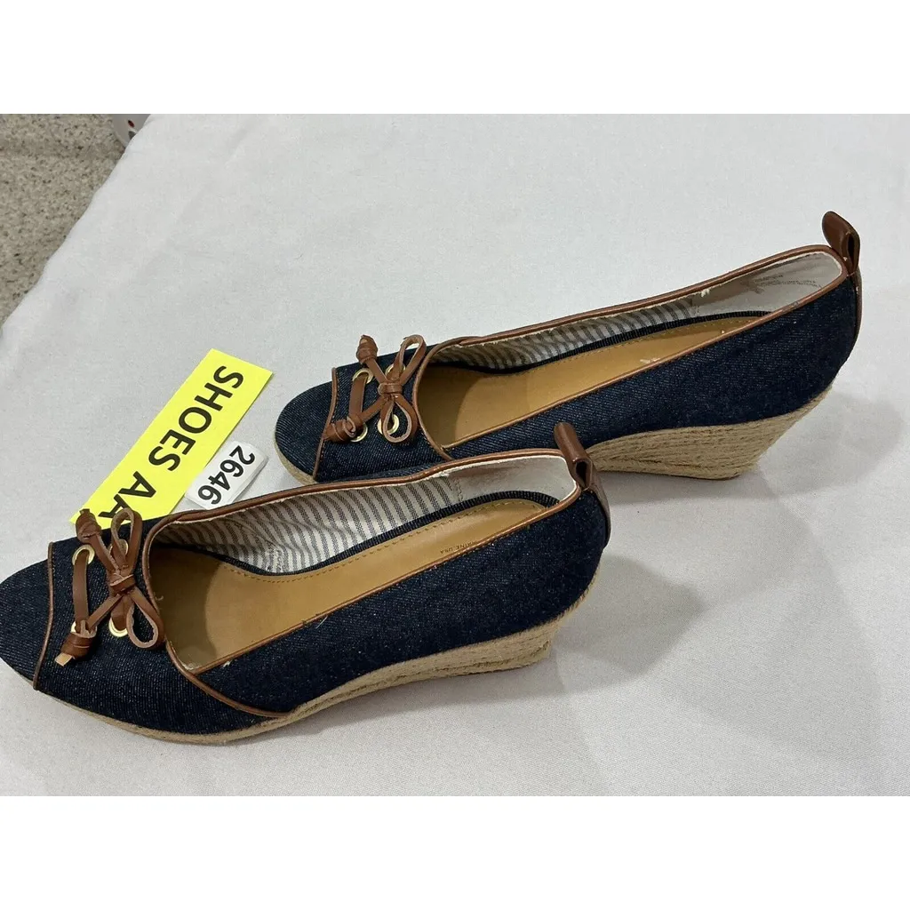 Womans Bass Anne 9.5 M Blue Denim Slip On Open Toe Espadrille Wedge Shoes - Image 3