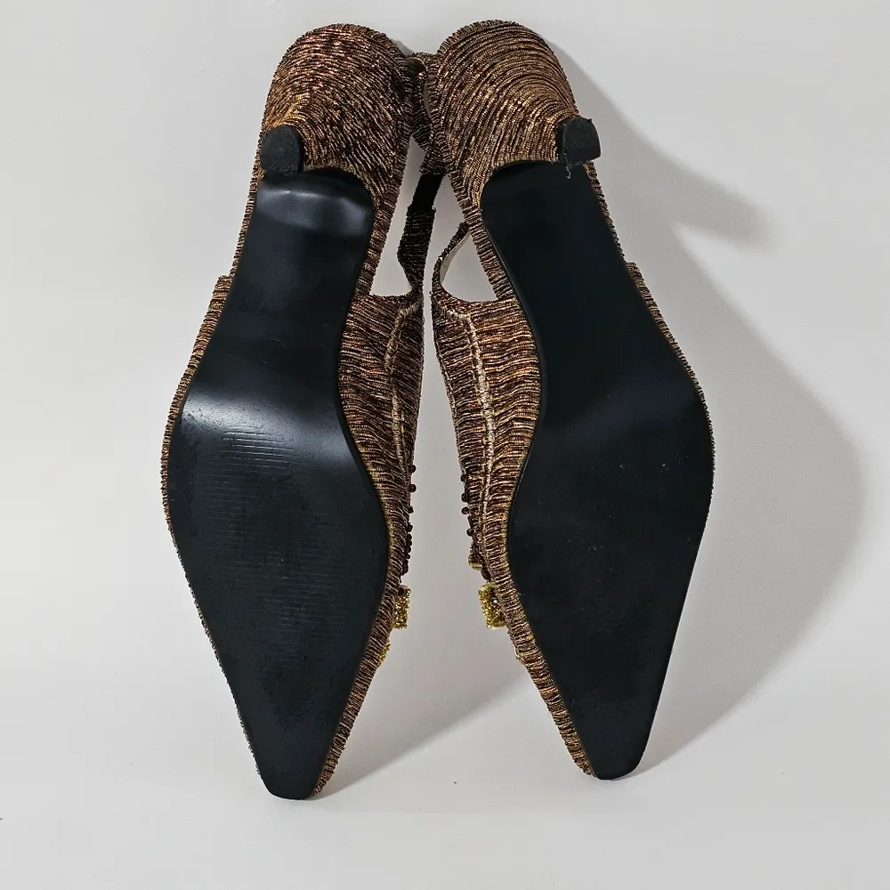 John Fashion Brown Textured Beaded Bow Detail Slingback Heels Size 10 - Image 12