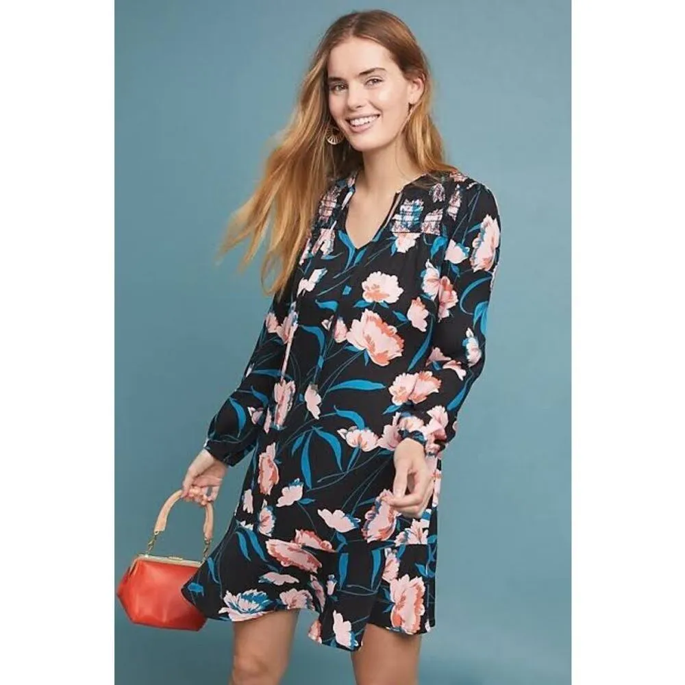 Maeve Anthropologie‎ Ragonda Floral Smocked Shoulder Tunic Shift Dress Black 4 - Image 2