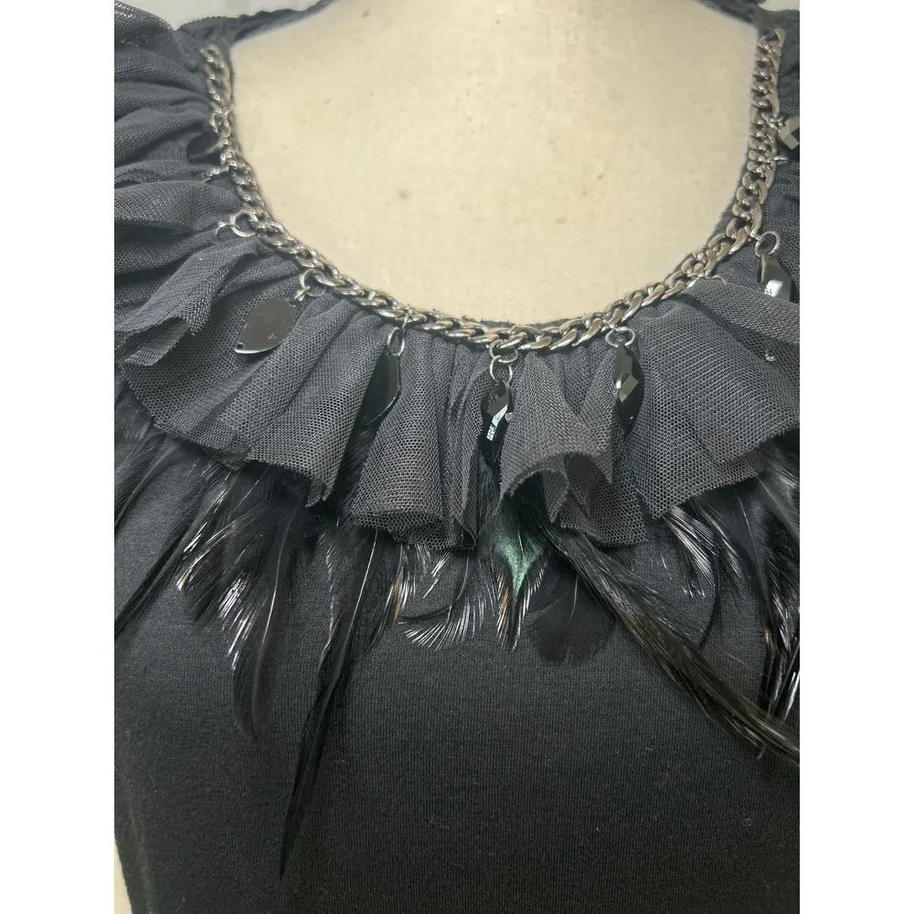 Silver Chain Feather Beaded Bow Sleeve‎ Black Top Forever 21 Large Whimsigoth - Image 2