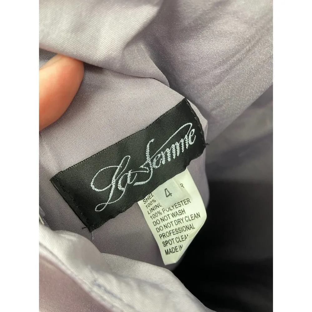 La Femme 26994 Lavender Strappy Back Satin Plunge Neck Formal Ballgown Sz 4 NWT - Image 9