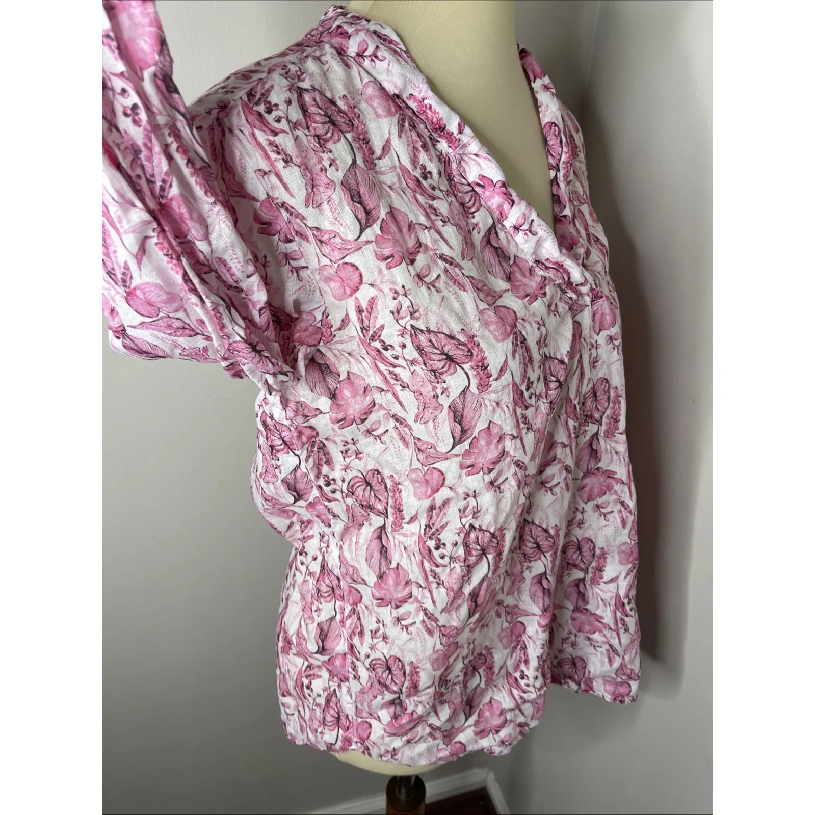 120% LINO Pink White Floral Longsleeve Linen‎ Tunic Shirt Sz 42 - Image 5