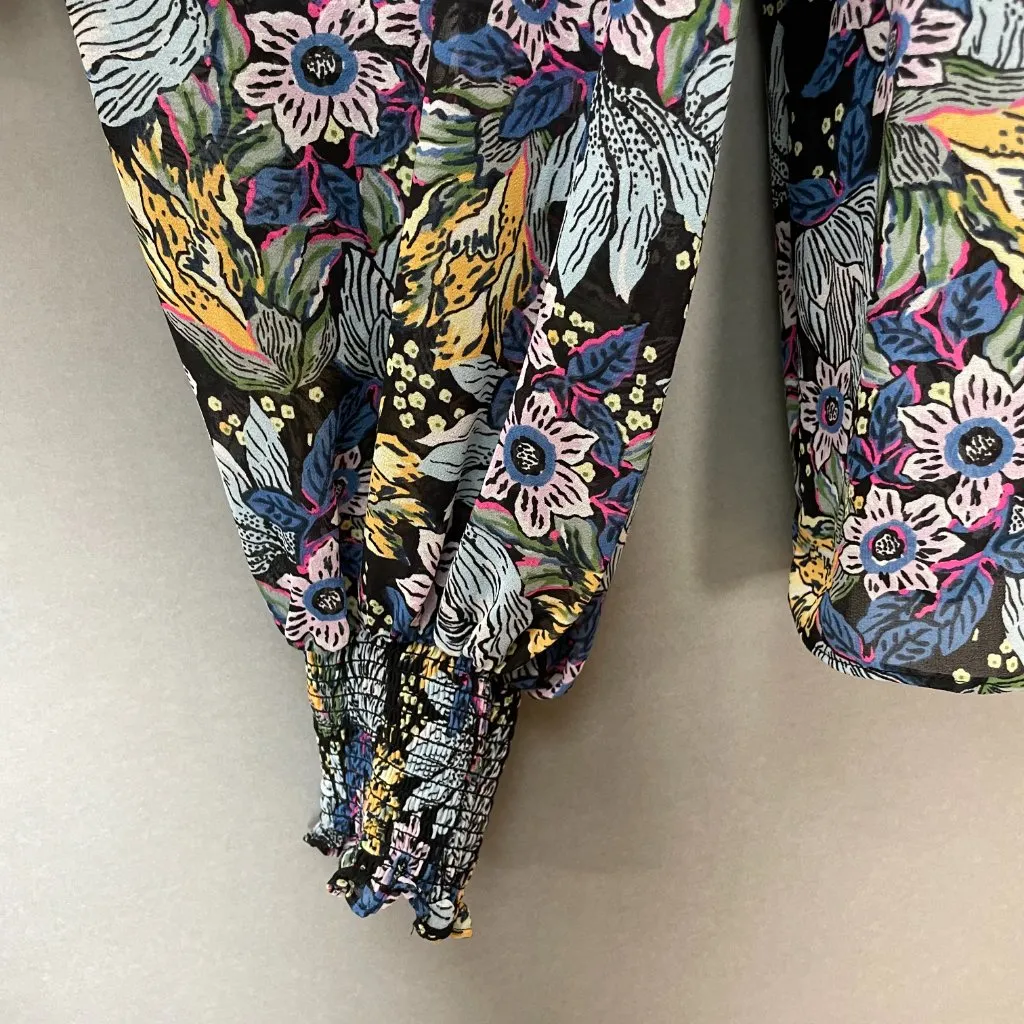 Floral Blouse Sheer Long Sleeve FLAWED Shirred Smocked Ruffles Blue Long‎ Sleeve Size L - Image 13