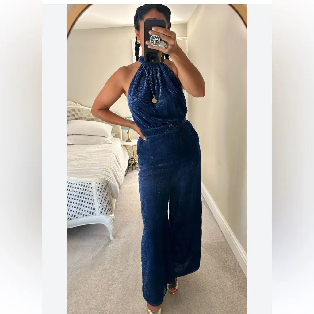 Elevenses Anthropologie Blue Velvet Polka Dot Halter Neck Jumpsuit Womens Size 2 - Image 17