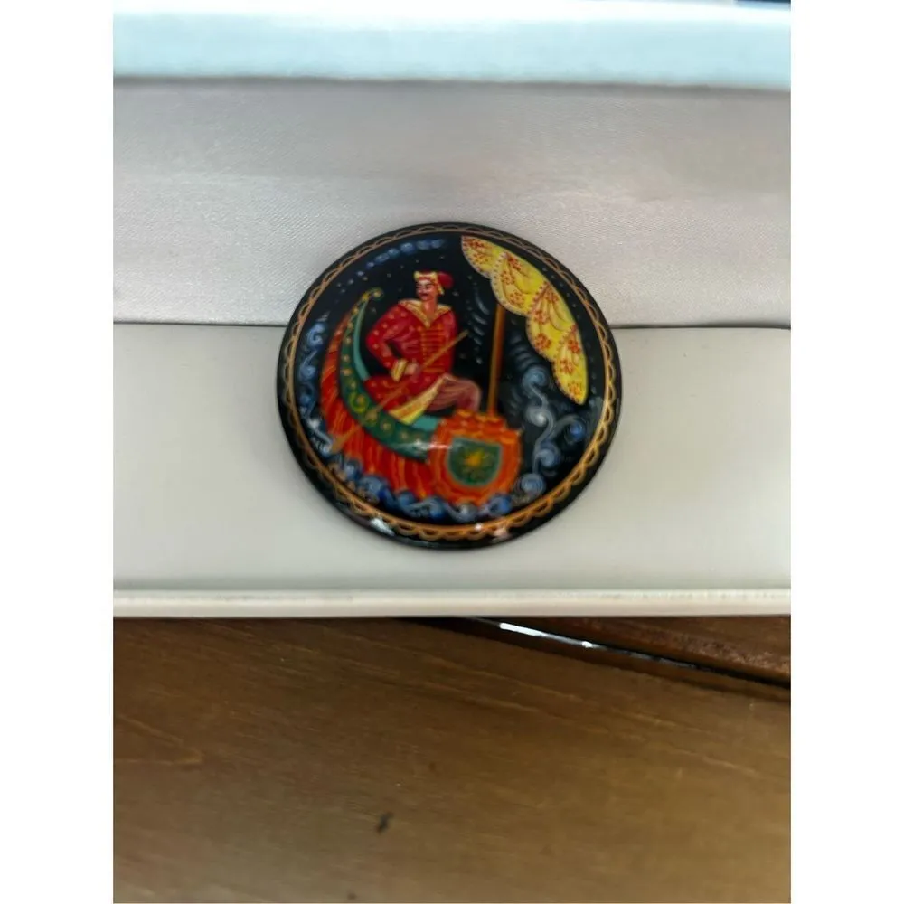 Russia Folk Brooch. Russian lacquer brooch. Russian brooch black Black - Image 11