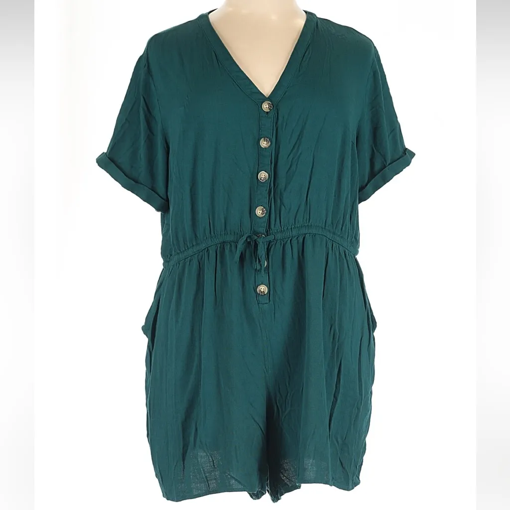 Torrid Rayon Slub Button Front Romper Dark Teal Shabby Chic Coastal Plus Size 1X - Image 4