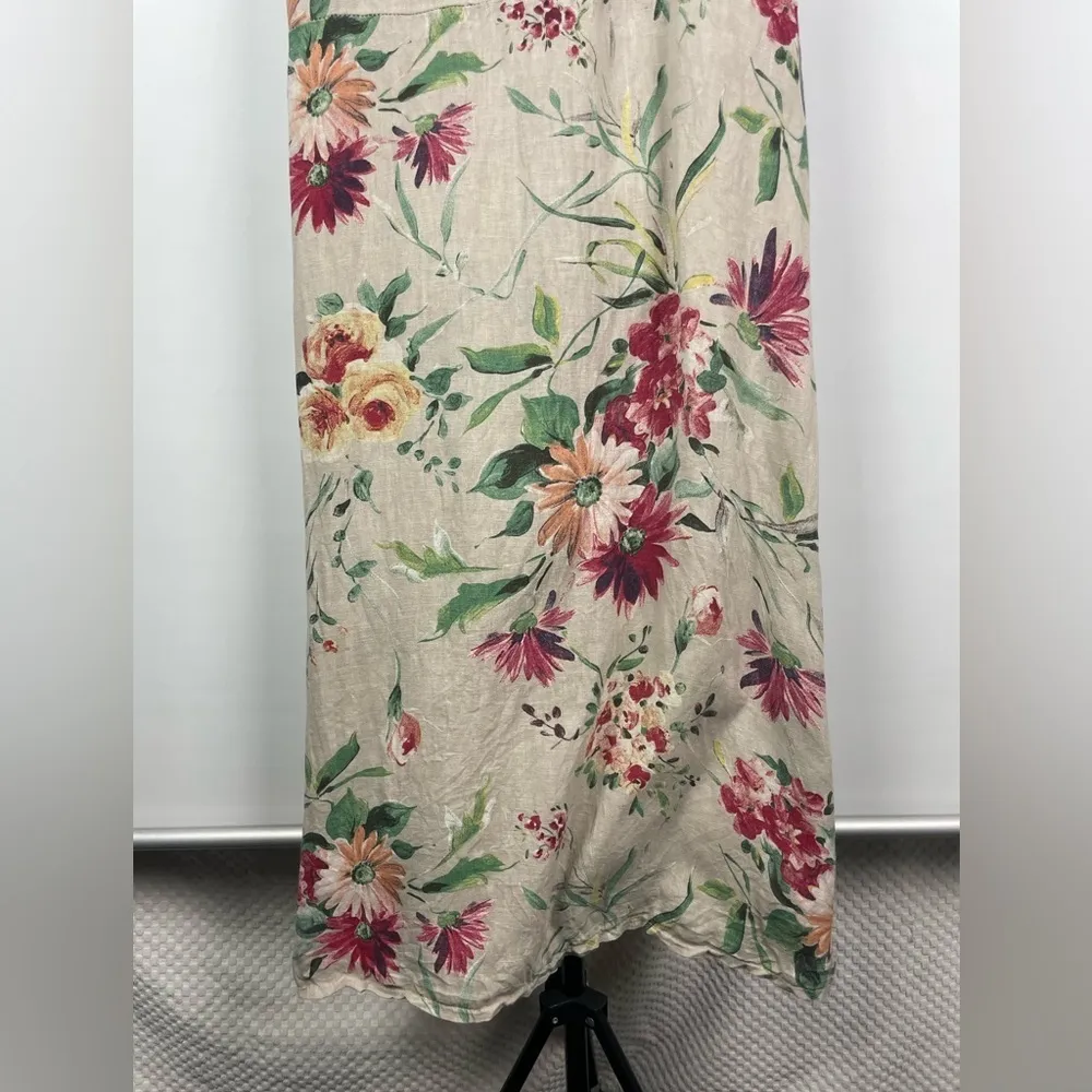 Marina Gigli Tan Linen‎ Painted Floral Sleeveless Midi Tie Back Dress Size M - Image 4