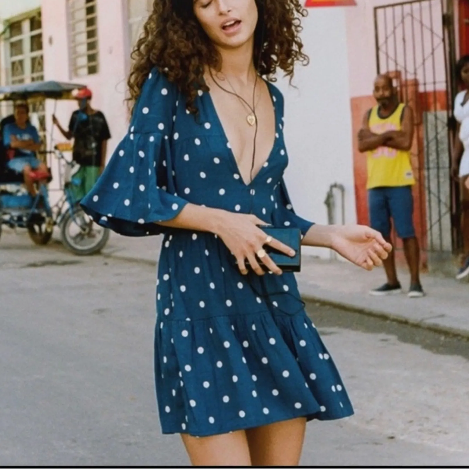 Faithfull The Brand Fresa Ronja Dot Vintage Blue Tiered Mini Dress Size Small - Image 3