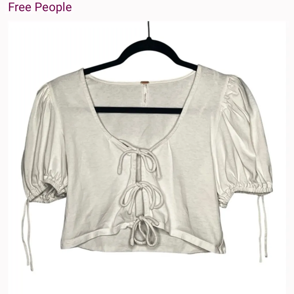 Free People Kitty Tee Ivory Cropped Puff Sleeve Bow Front Cottagecore Top SZ XL! - Image 12