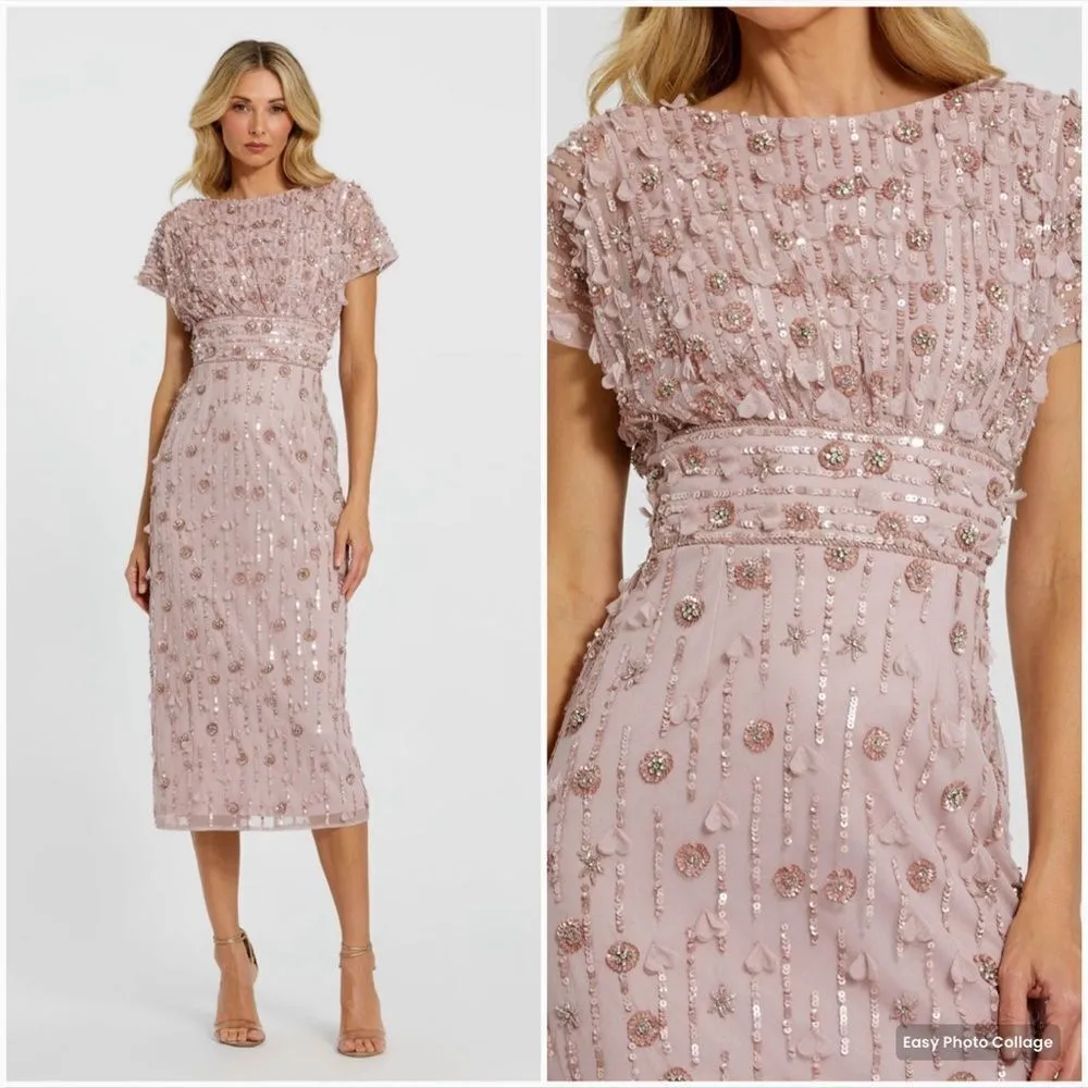 MAC DUGGAL 94117 Pink Cap Sleeve Column Midi Dress With Floral Beading - Image 3