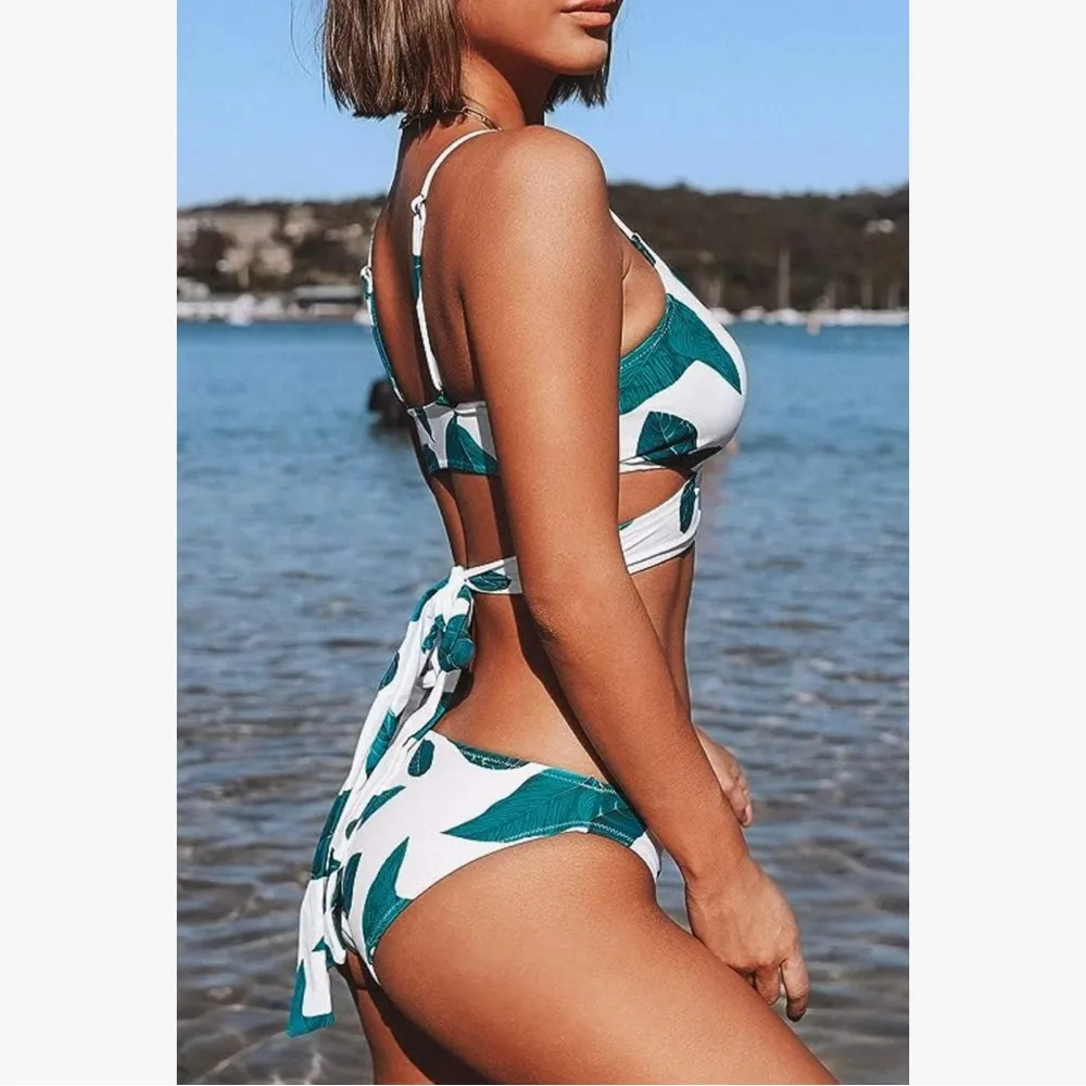 Leaf Print Wrap Tie Bikini Set - Image 2