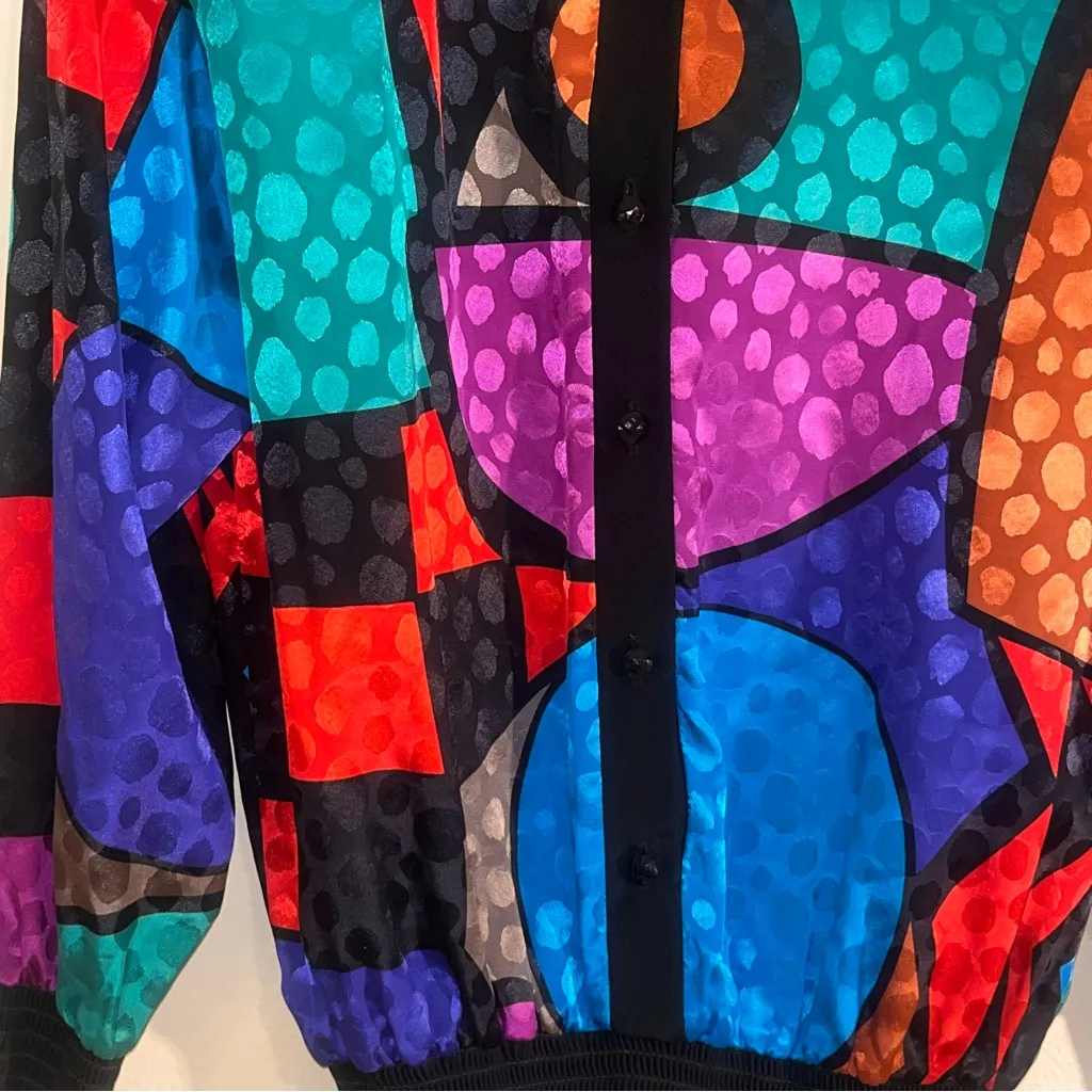 RARE NWT DEADSTOCK Vintage 80s Abstract Picasso Satin Bat Sleeve Loose Top 6 Black Size M - Image 4