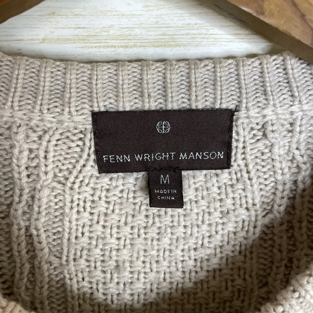 Fenn Wright Manson Oatmeal Neutral Tan Cable Knit Wool Blend Button Cardigan - Image 4