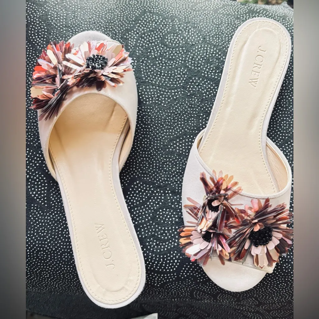 J.Crew Satin Slides with Floral Embellishments in a warm sandstone color - Image 13