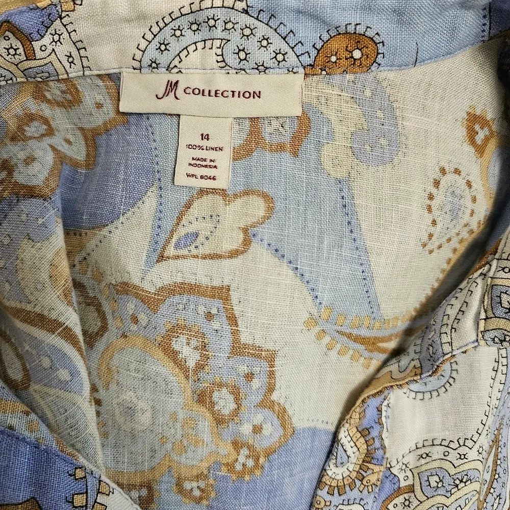 JM Collection Blue & Beige Paisley Linen Button Down Size 14 - Image 5