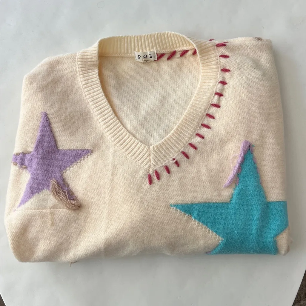 POL Patchwork Star Sweater - Beige V Neck Thick Knit Size Medium - Image 10