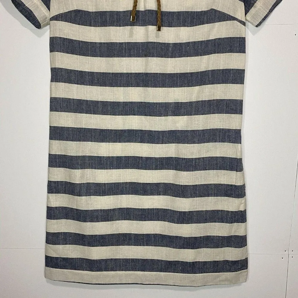 ELLISON Womens Small Striped Linen Cotton Dress Leather Tie Neckline Pockets - Image 3