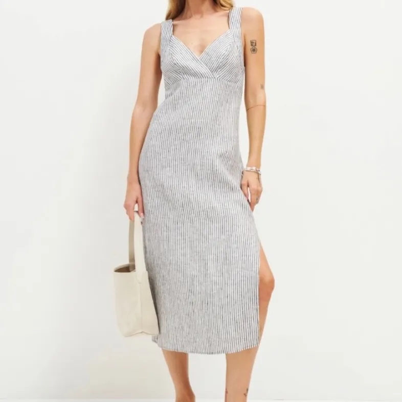 Reformation 2 NEW Allira Linen Dress Vineyard Stripe Slit Cut Surplice Neck - Image 12