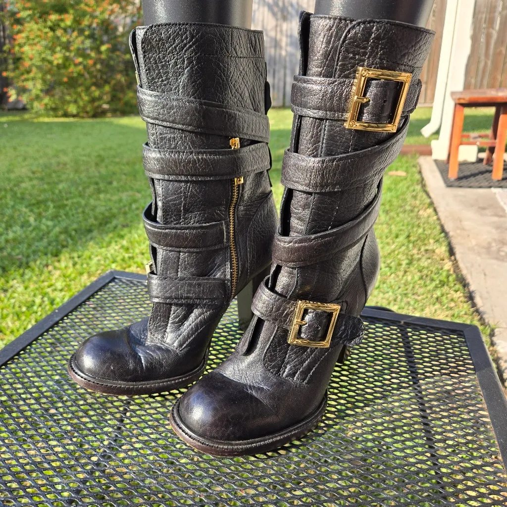 Tory Burch Jaden Strap Buckle Stack Heel Boots Black 7.5 - Image 3