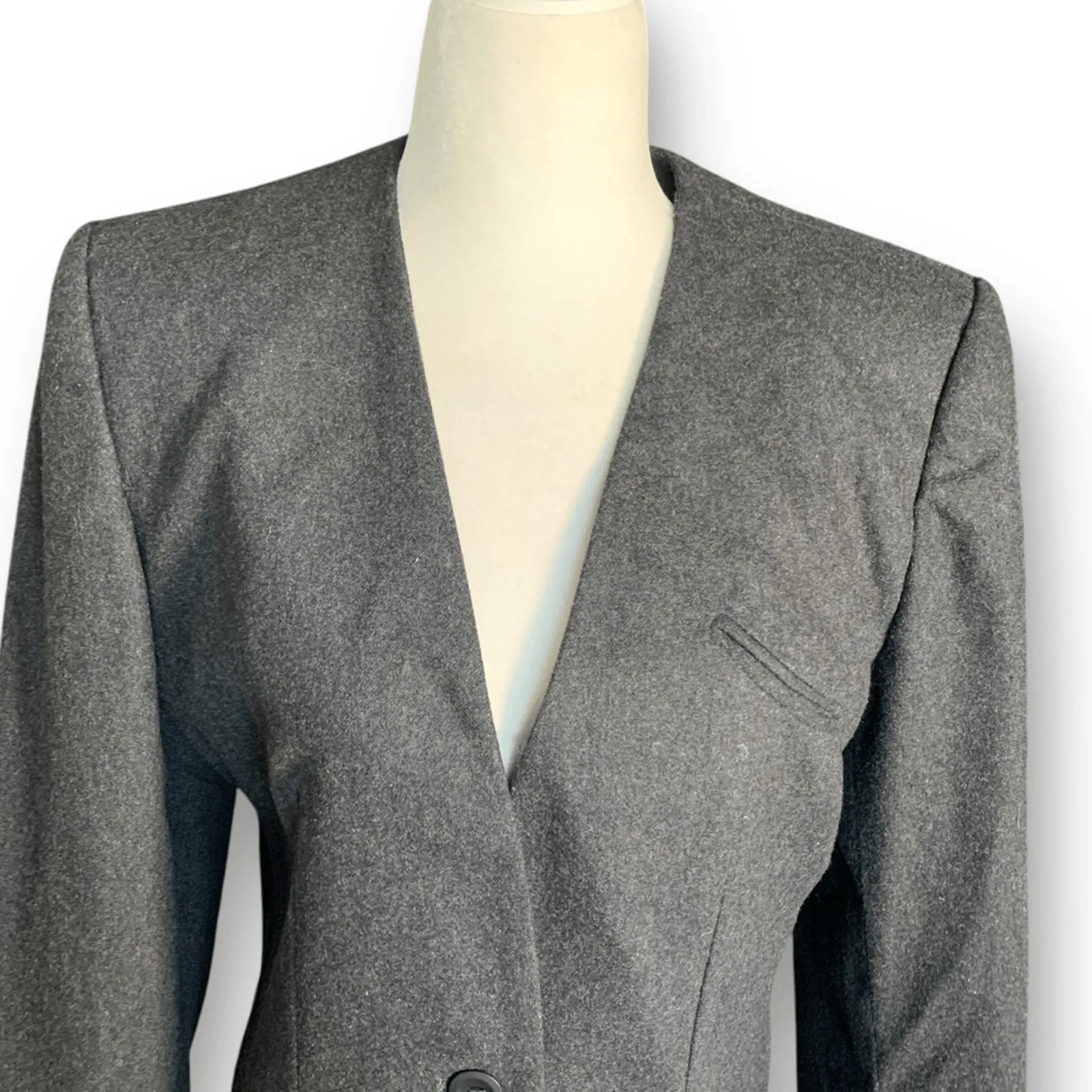 Vintage 90s Collarless Wool Blend Blazer Charcoal Gray Two Button Size 8 Classic - Image 2