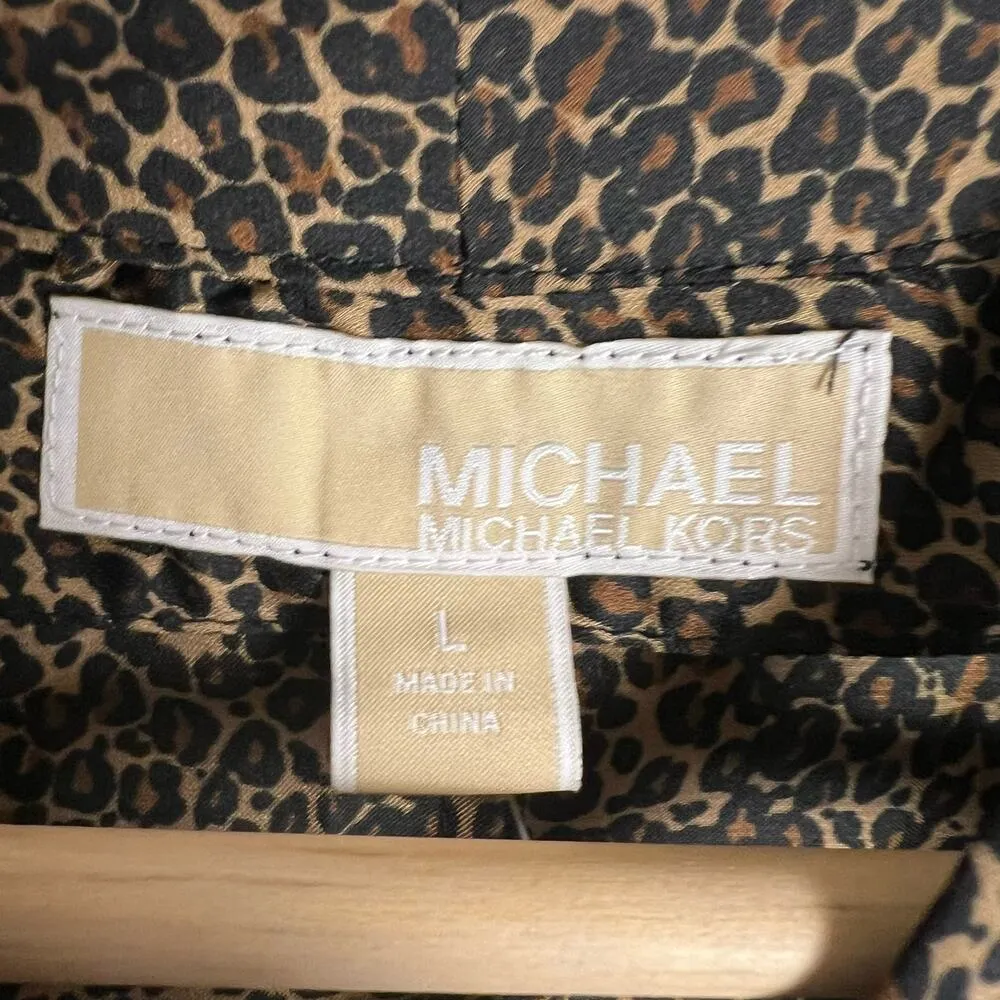 Michael Kors Leopard Animal Print Tie Neck V-Neck Smocked Blouse Size Large - Image 5