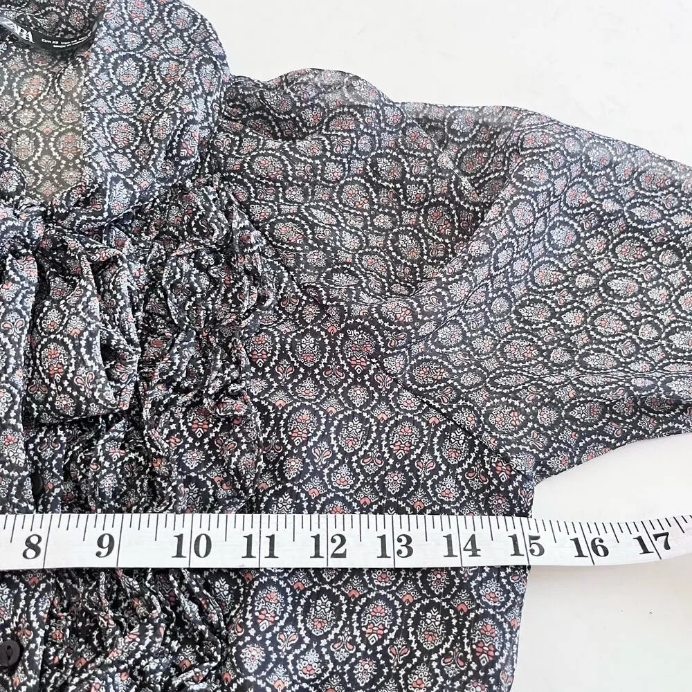 Zara Black Printed Chiffon Tie Neck Long Sleeve Sheer Romper Size XS NWT - Image 9