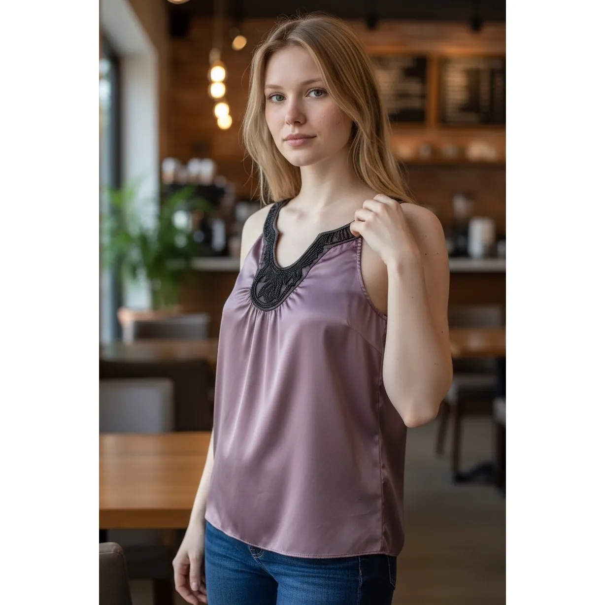 The Limited Beaded‎ V Neck Satin Tank Top Mauve Purple Women's Size M Trendy # - Image 2