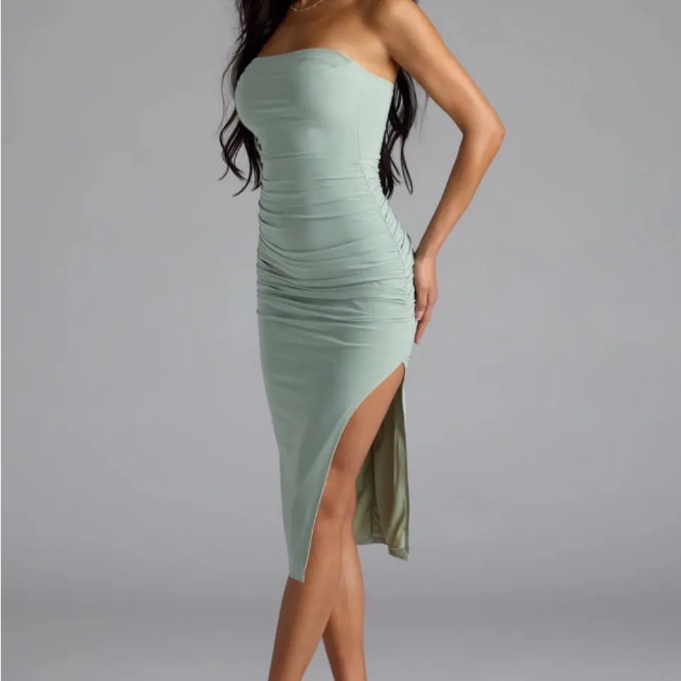 Strapless Slit Sage Green Dress - Image 4
