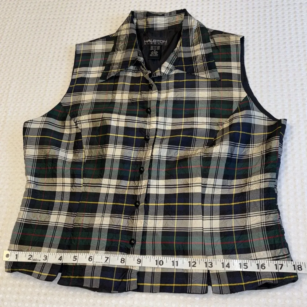 HALSTON BLOUSES Size MEDIUM Silk Plaid Vest Sleeveless Blouse Green Blue White - Image 11