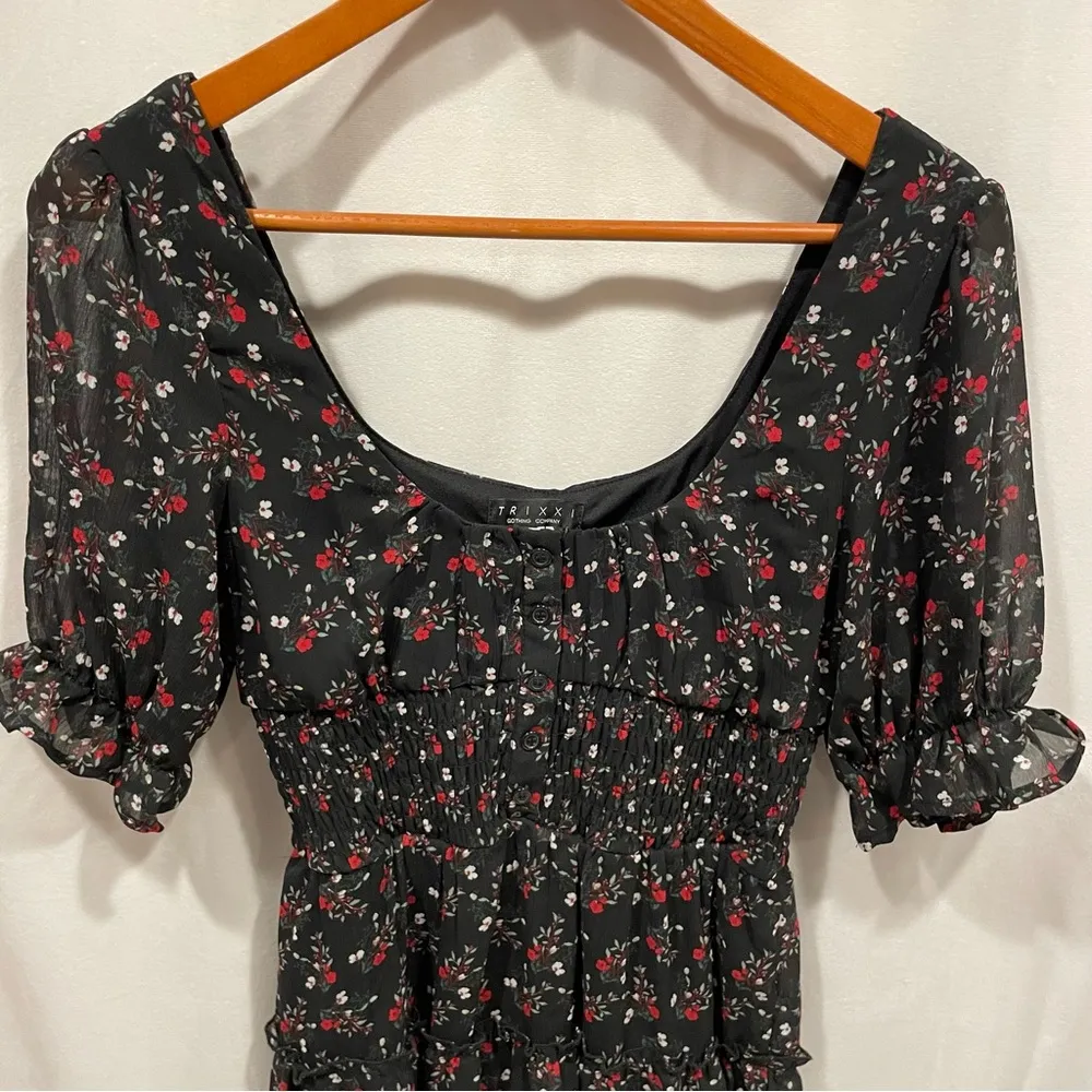 Y2K style Trixxi black roses ruffle peasant mini dress open neckline - Image 3