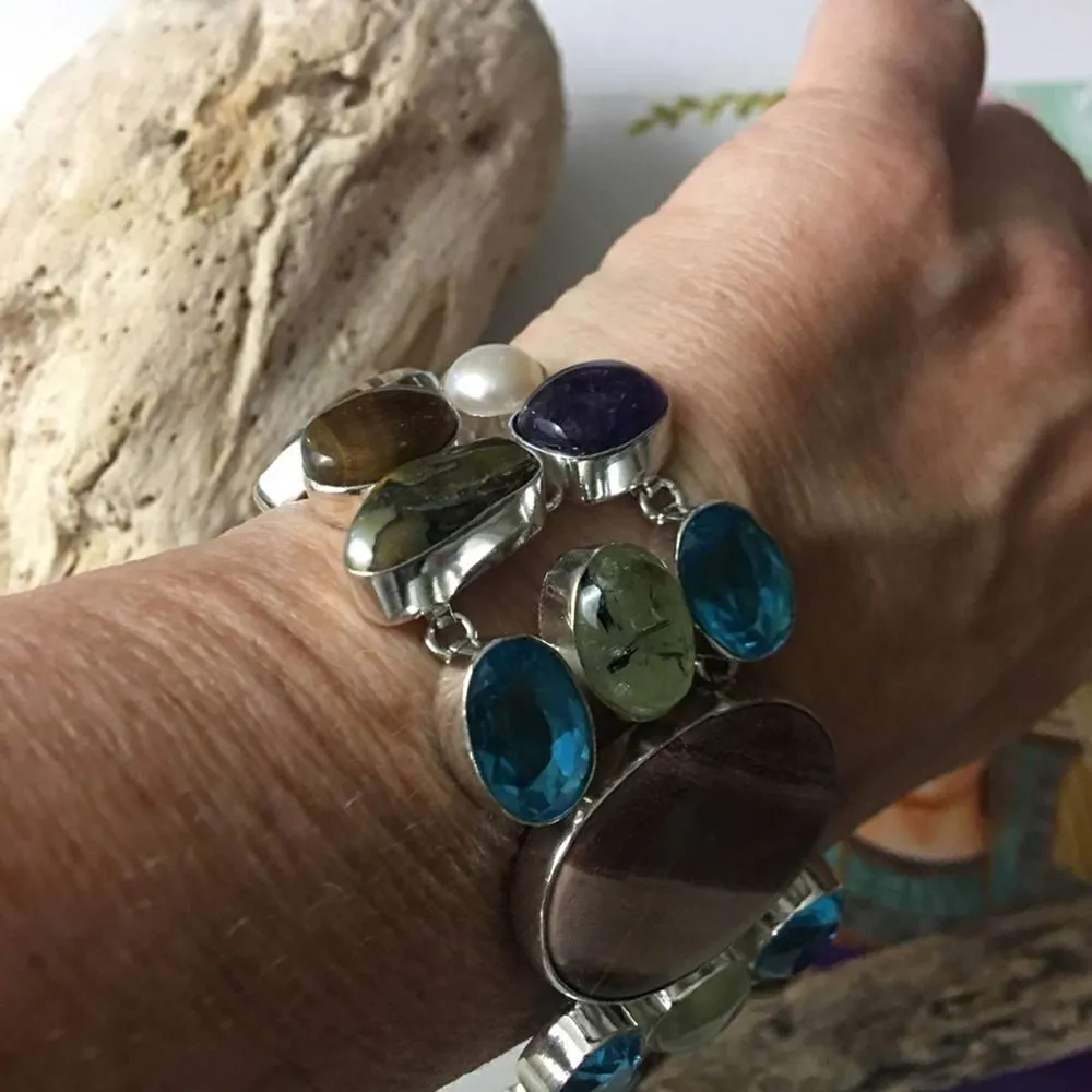 Agate, Blue Topaz, Pearl Mix Gemstone Sterling Silver Toggle Bracelet - Image 7