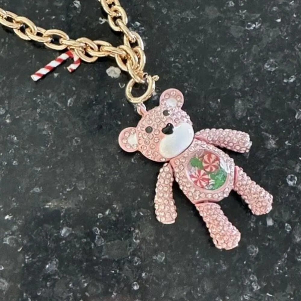 NWT Betsey Johnson Rhinestone Pink Pave Moveable Bear Holiday Necklace Candycane - Image 7