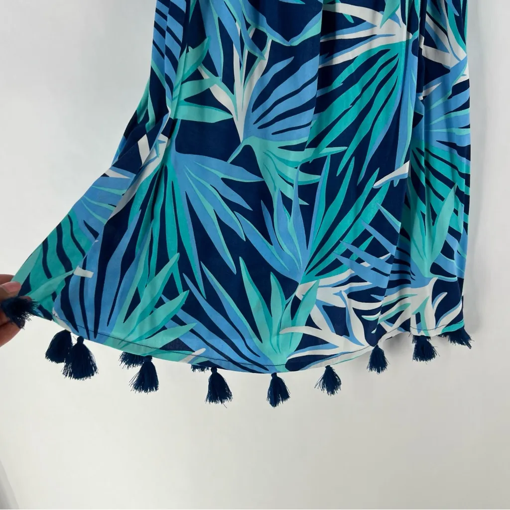 Escapada Living Monica Tassel‎ Dress Blue Tropical Leaf Print Off The Shoulder - Image 7