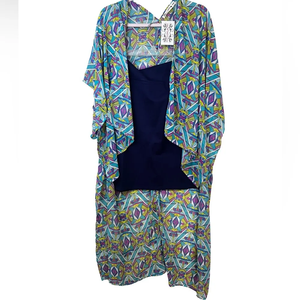 Palm Beach Geometric Boutique Print Kimono Sheer top throw over shrug wrap style Black Size undefined - Image 2