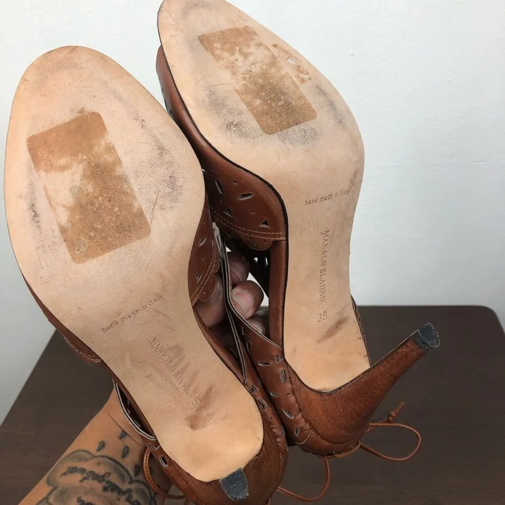 Manolo Blahnik Brown Perforated Open Toe Lace Back Sandals Heels Size 38 - Image 10