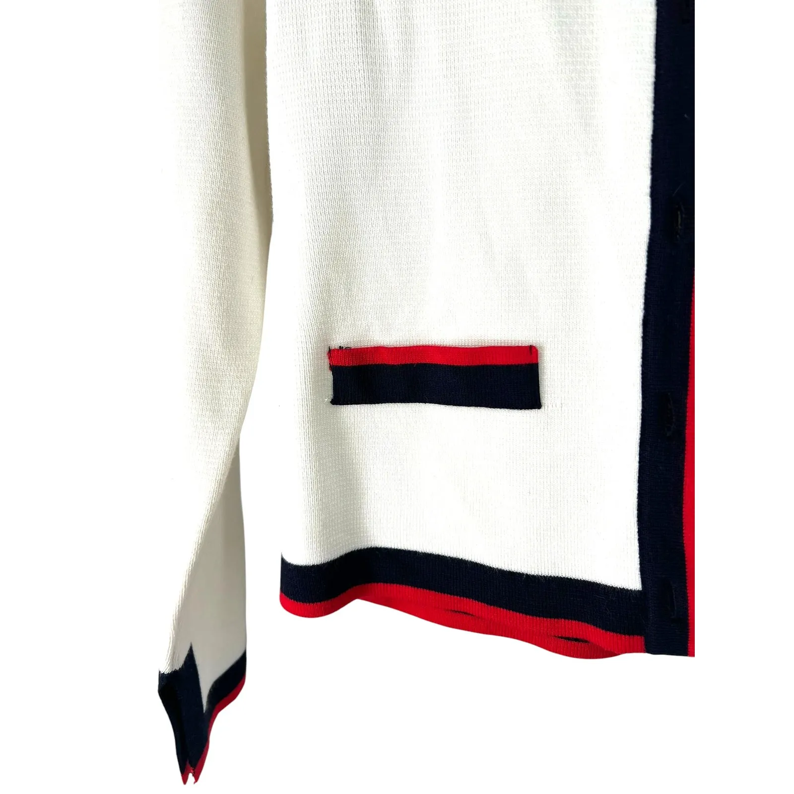 ZARA S Knit Pearl Cardigan V White Stripe-Trim Red Blue Sweater Cropped Classic - Image 6