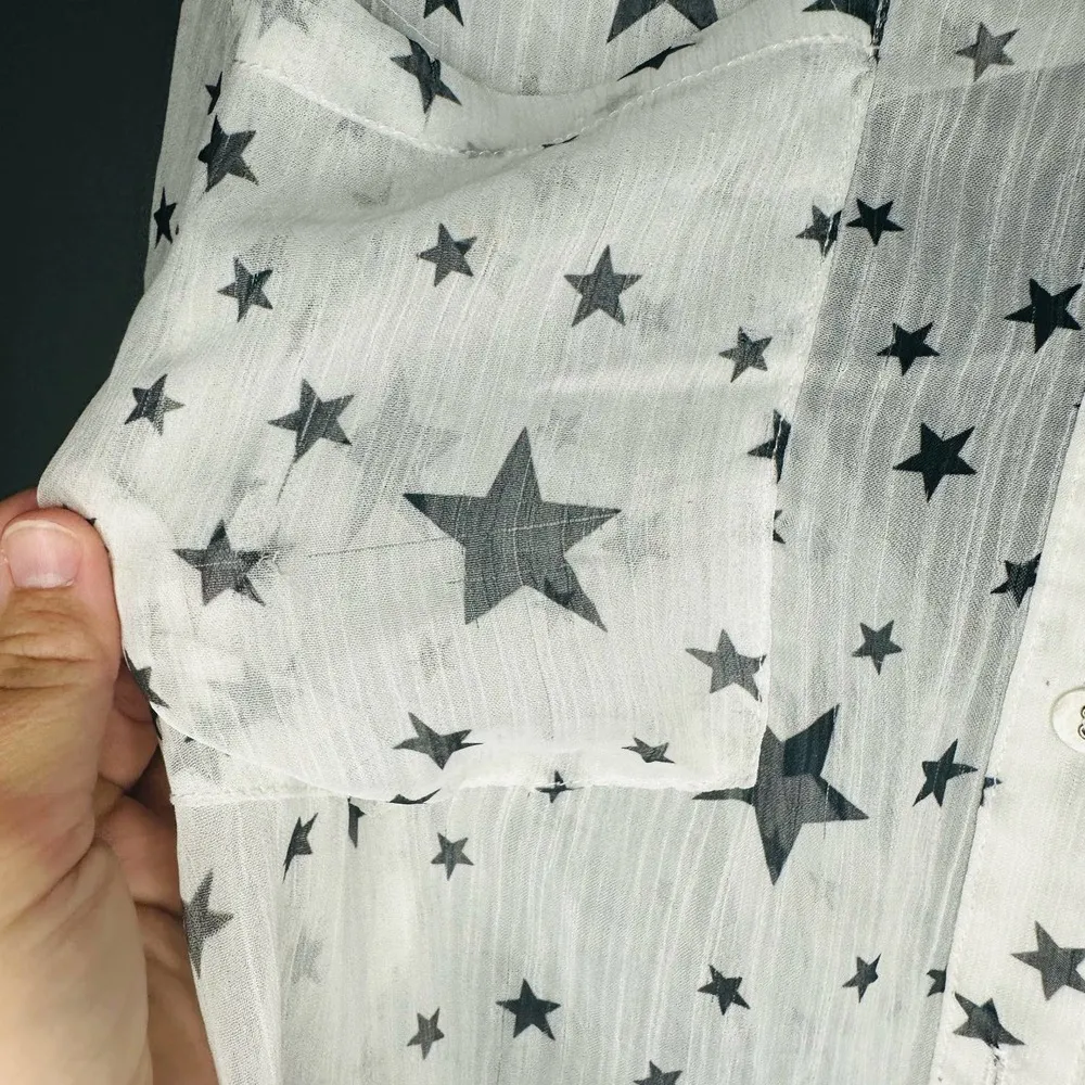 Double Zero Long Sleeve Sheer Button Front Star Printed Cutout Top Size Medium - Image 7