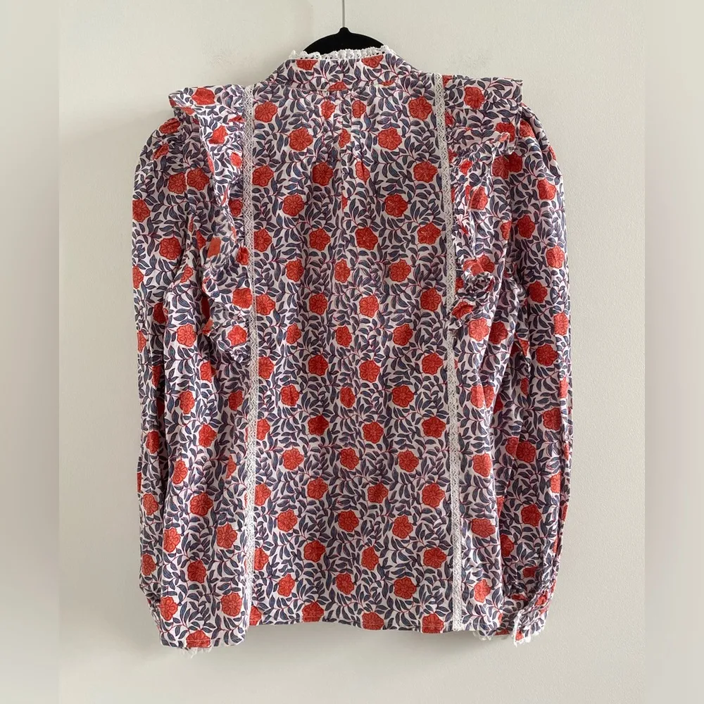 Pink City Prints Victorian Floral Lace Long Sleeve Button Front Blouse Large White - Image 8