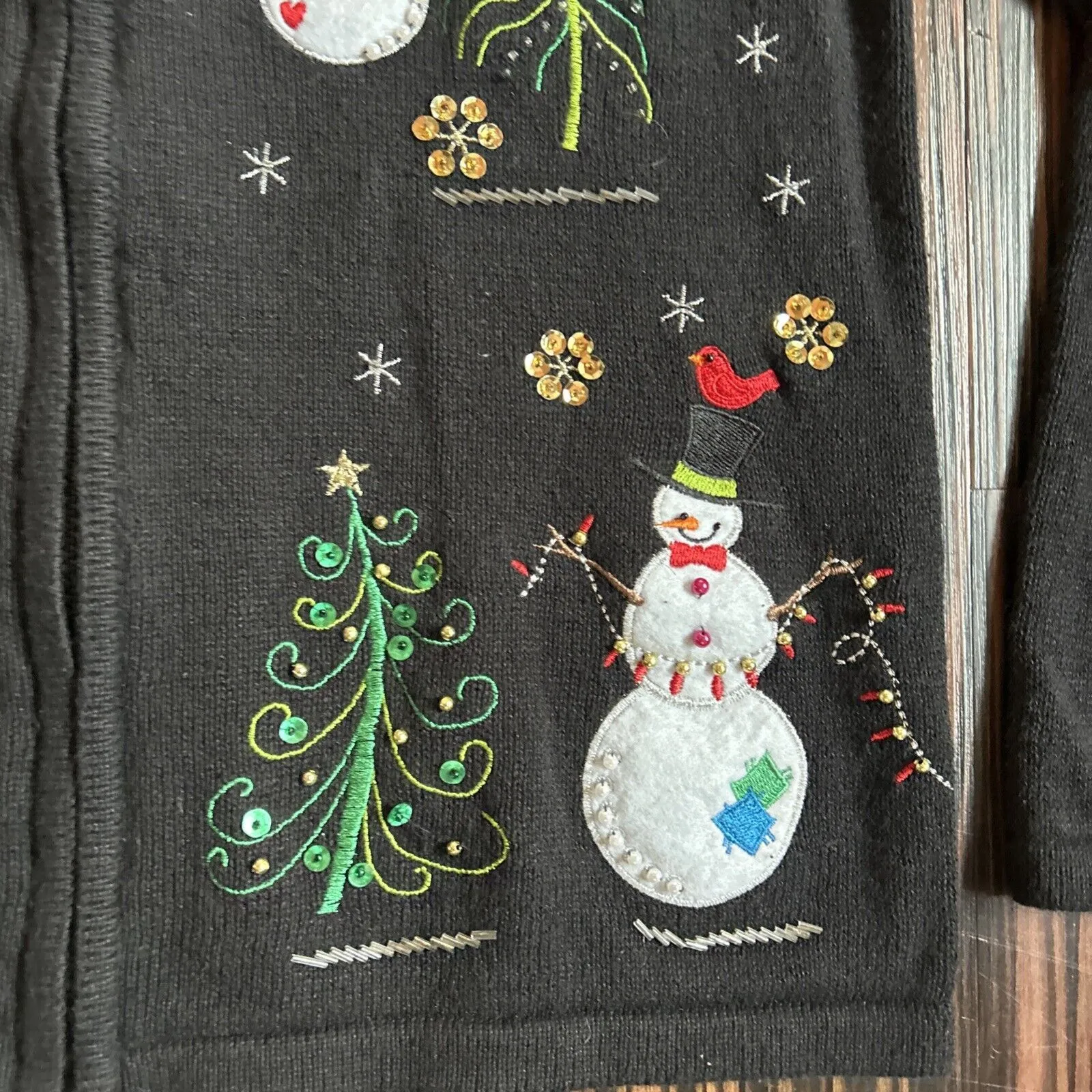 Vtg ML Design Sweater Size L Black Christmas Cardigan Winter Snowman Zip Size L - Image 4