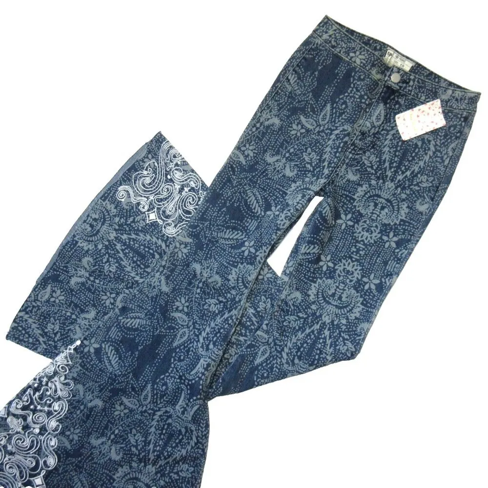 NWT Free People Float on Dot Print Embroidered Embellished Super Flare Jeans 26 - Image 2