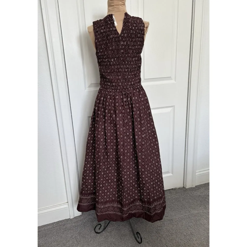 Madewell $158 Selena Midi Dress Smocked Daisy Print Plum Purple Pockets Size XS - Image 5