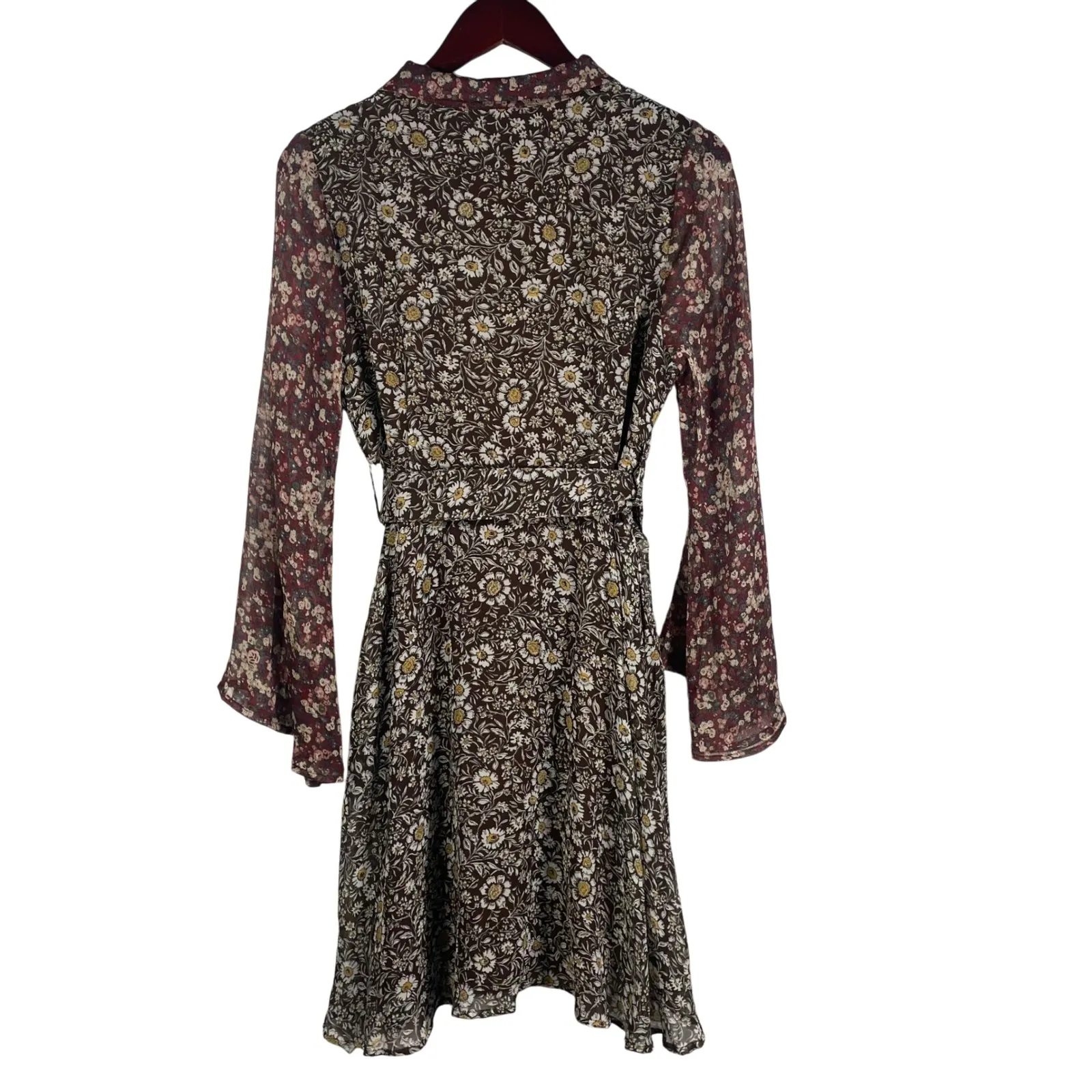ROOLEE Floral‎ Belted Button Front Dress S Brown Burgundy Long Sleeve Fall Dress - Image 11