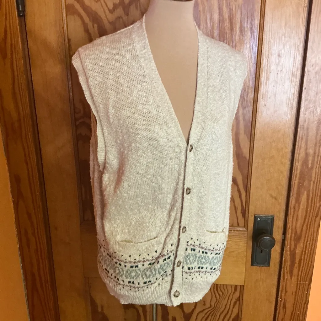Vintage 90s Grandpa Linen Sweater Vest Button Front Neutral Knit Size XL - Image 6