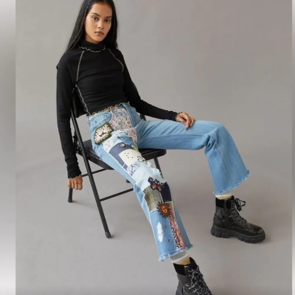BDG jeans patchwork raw hem size 24 urban outfitters NEW crochet - Image 3