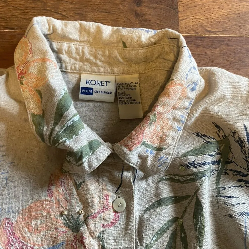 Koret Jacket Women's L Green Floral Linen Long Sleeve Collared Button Front Size L - Image 2