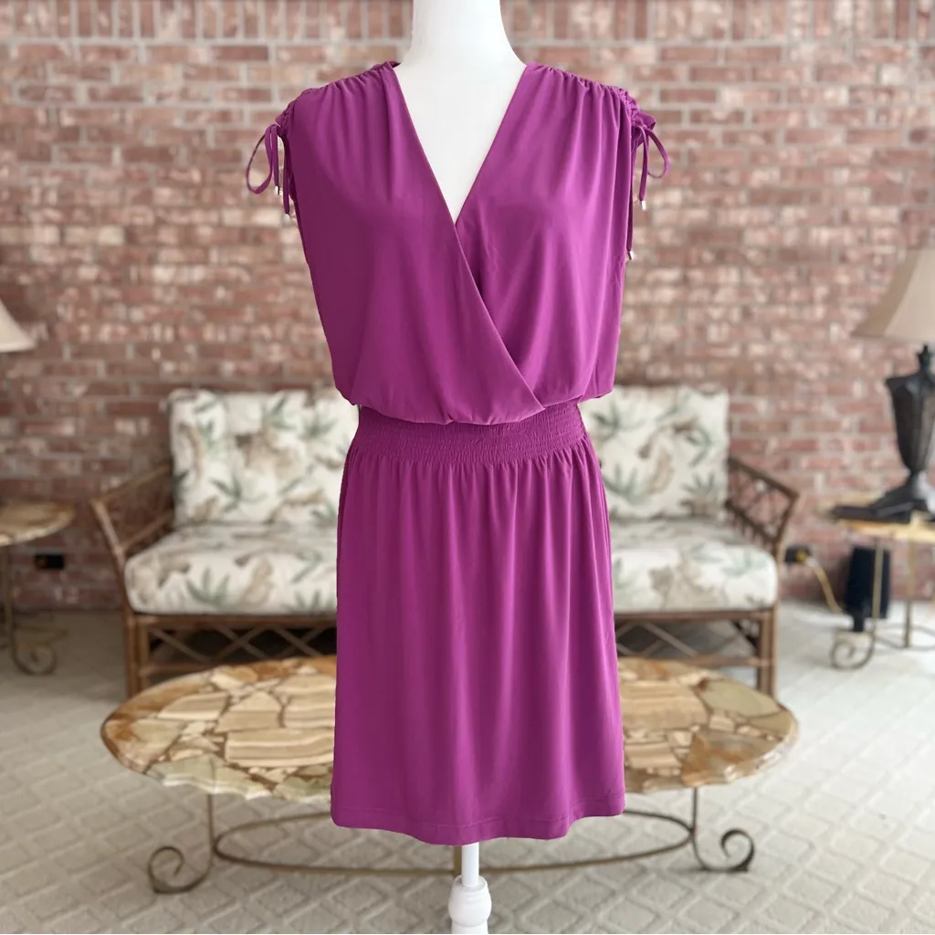 NWT WHBM Dress Tie Shoulder Mini Cap Sleeves Purple Knit M Smock Waist Party - Image 2