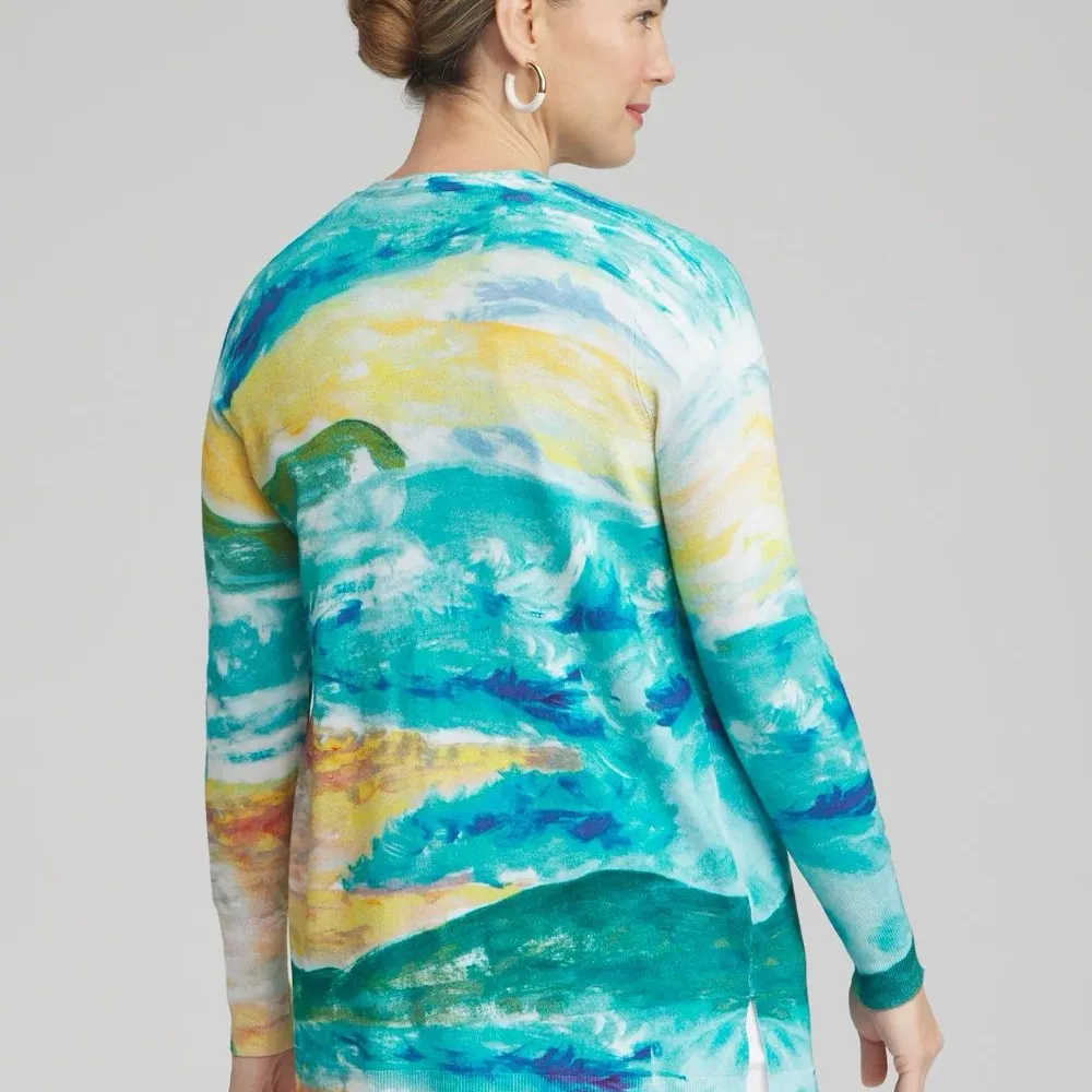 Chico’s Spun Rayon Watercolor Cardigan Sz 2/L Open Concept Notched Hem LS Fall - Image 3