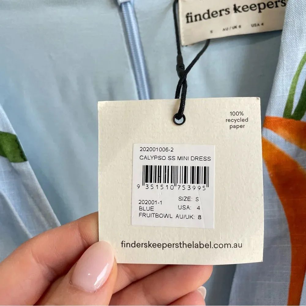 Finders Keepers Calypso Light Blue Fruit Print Puff Sleeve Mini Dress NWT Small - Image 11