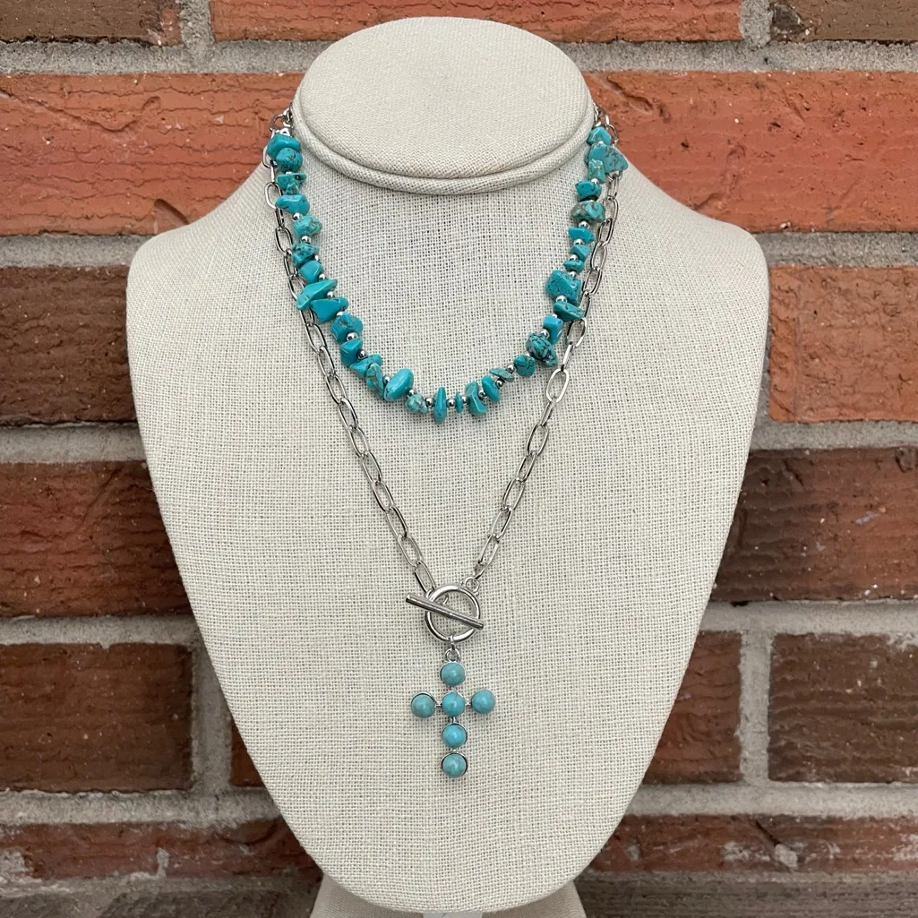 Faux Turquoise Cluster Cross Necklace Set Blue - Image 2