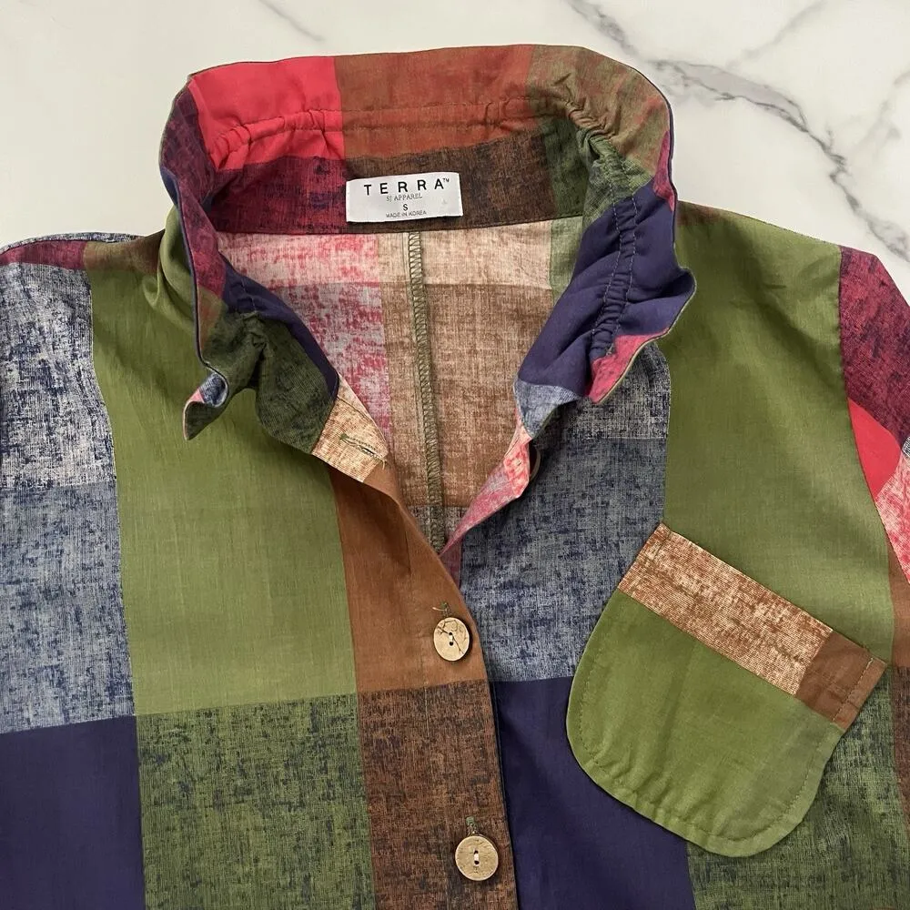 Terra SJ Apparel Patchwork Blouse Ruffle Collar Artsy Boho Chic Western Size S - Image 8